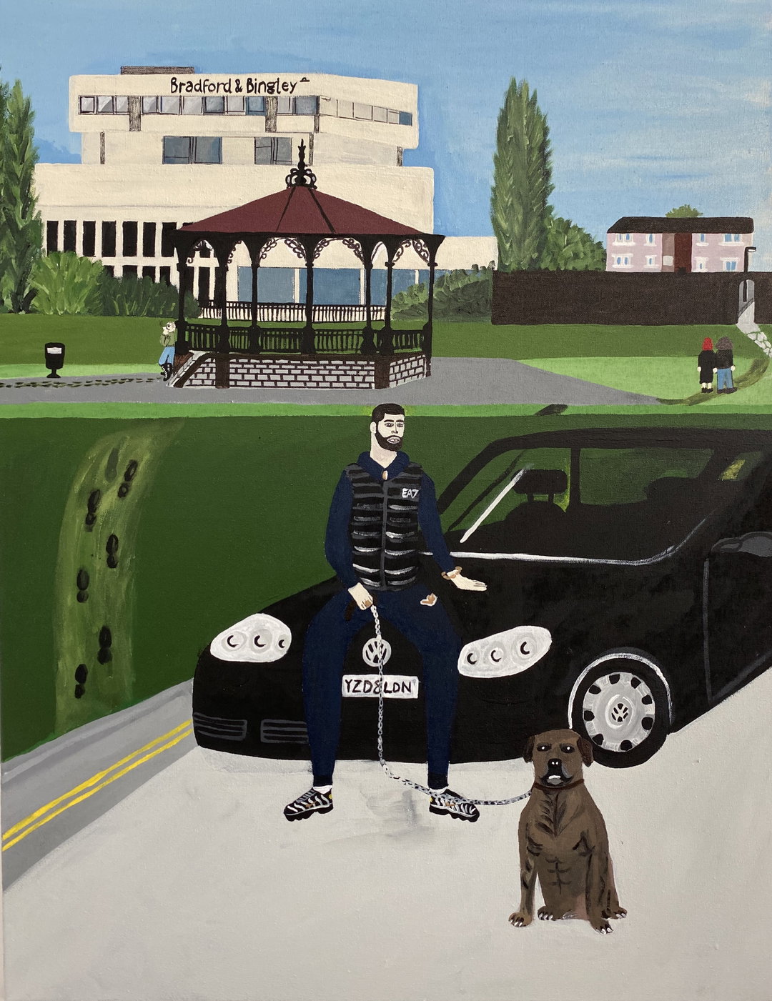 A painting of a person sitting on the bonnet of a black Volkswagen car, holding a dog on a chain. In the background, a park with a gazebo sits before a large white building with the sign “Bradford & Bingley”.