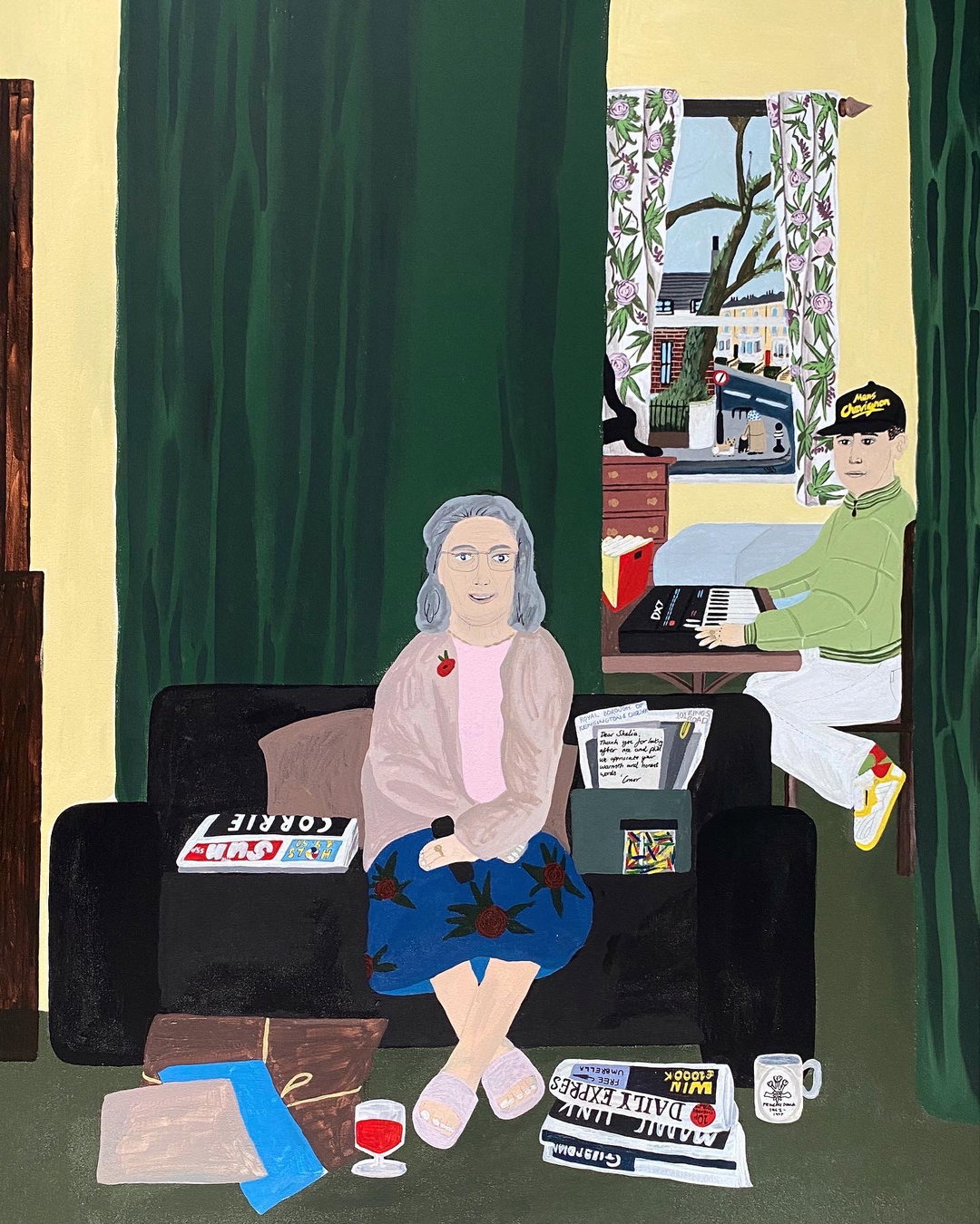 An illustration of a person with grey hair sitting on a black sofa, wearing a pink cardigan and a blue floral skirt. Behind them, another person in a green jacket and a black cap plays a keyboard in a brightly lit room.