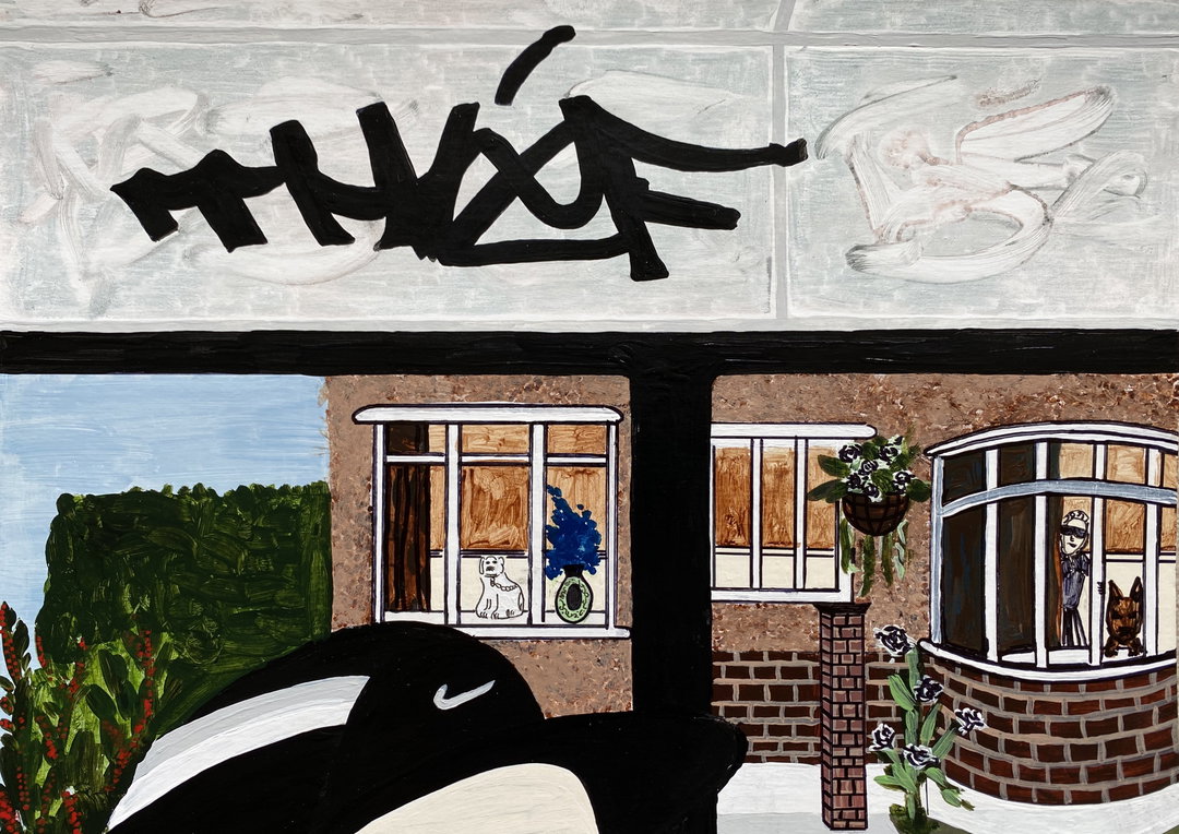 A painting of a suburban house with a large, black graffiti tag scrawled across the top half of the frame. In the lower half, a person with a dog looks out from a bay window.