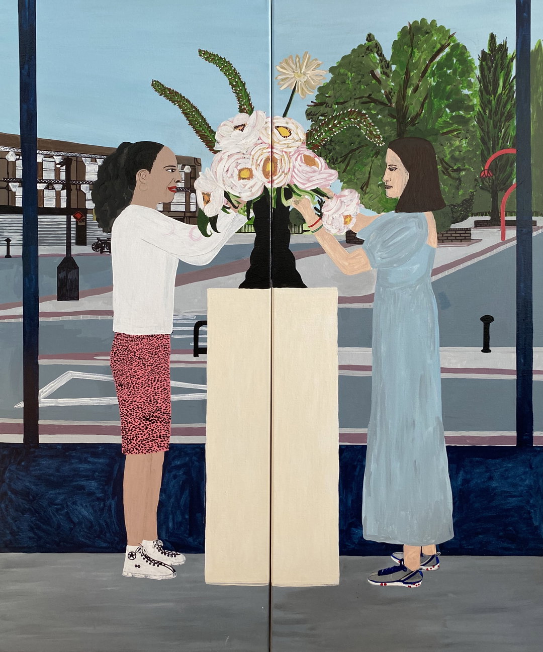 A painting of two people standing on either side of a tall, cream-coloured plinth. They both reach towards a large bouquet of white and pink flowers held in a black vase.