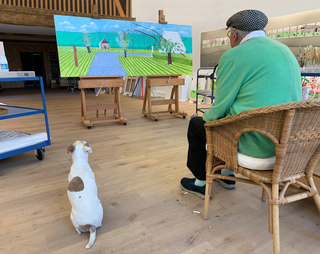 david hockney martin gayford spring cannot be cancelled publication itsnicethat_Page 34 David & Ruby in the Normandy studio, May 25th 2020 © David Hockney Photo .jpg