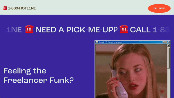 An animation of a purple webpage with a white header. Text reads “Feeling the Freelancer Funk?” and “NEED A PICK-ME-UP? CALL 1-833-HOTLINE”, while a window shows a person on a phone looking exhausted.