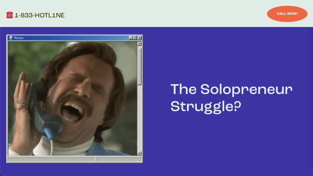 A person with a moustache screams into a telephone handset, their eyes closed in distress. The image is framed as a computer window titled “Nooo” and set against a purple background with the text “The Solopreneur Struggle?”.