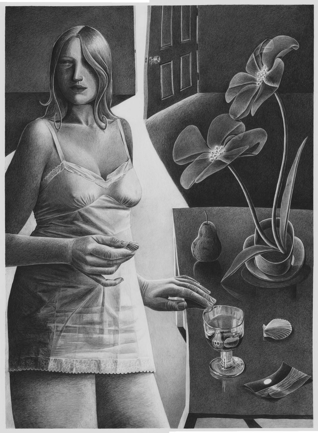 Hannah Motzel Brown’s shadowy mechanical pencil drawings expertly depict fingers, freckles and folds of skin