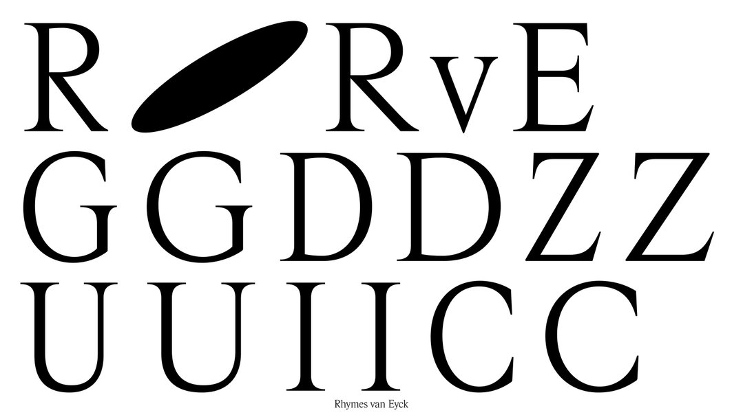 A grid of black serif letters on a white background. A black oval shape sits in the top row, and the words “Rhymes van Eyck” appear in small text at the bottom.