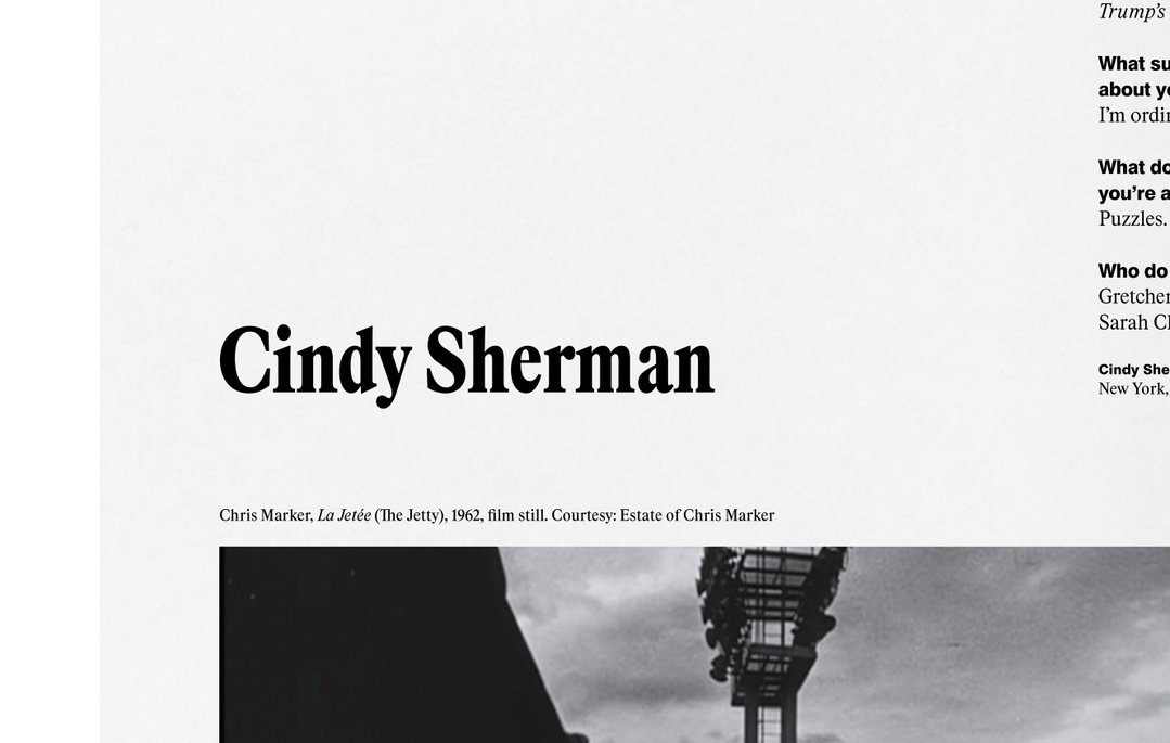 The name “Cindy Sherman” appears in a bold, black serif typeface against a plain white background. Below, a small caption reads “Chris Marker, La Jetée (The Jetty), 1962, film still. Courtesy: Estate of Chris Marker”.