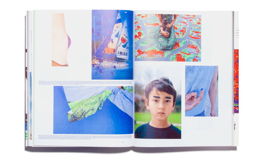 An open book displays a collage of photographs. Images include a close-up of a torso, a sailboat with “AMIGO” on the sail, a person sitting on a colourful patterned rug, and a portrait of a child.