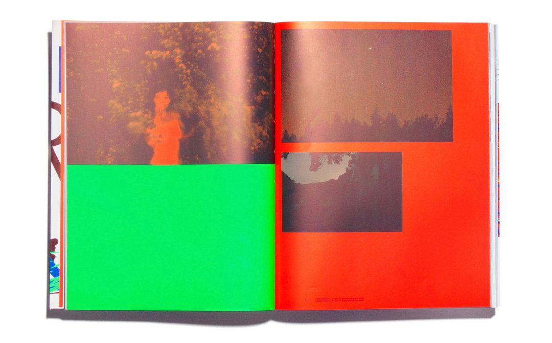 An open book showing two pages of bold, colour-blocked imagery. The left page features a grainy, orange-toned photograph of a figure in foliage above a solid bright green block. The right page contains two similar muted photographs set against a vibrant red background.
