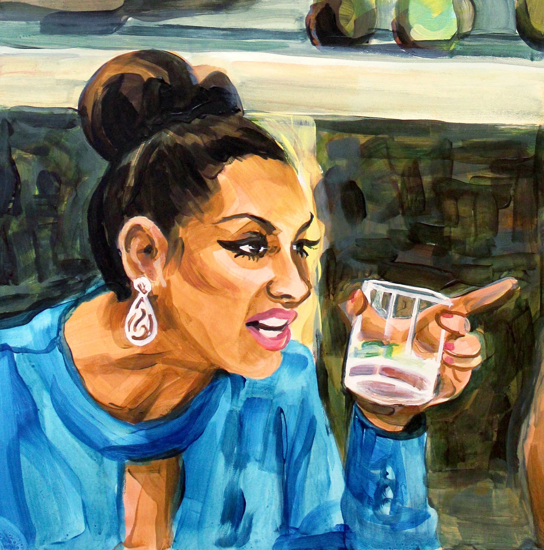 laura-collins-art-itsnicethat-Laura Collins Jennifer Aydin Pointing Across The Table Holding A Cocktail 12x12 acrylic on panel 2019.JPG