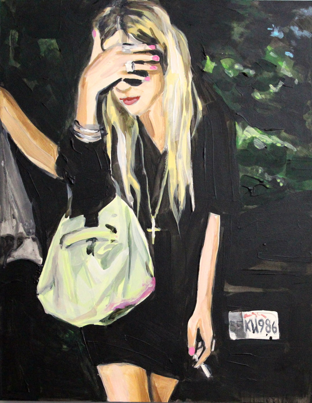 laura-collins-art-itsnicethat-Laura Collins No.20 An Olsen Twin Hiding Behind Her Right Hand And Smoking 11x14 acrylic on panel 2016 SOLD.jpeg