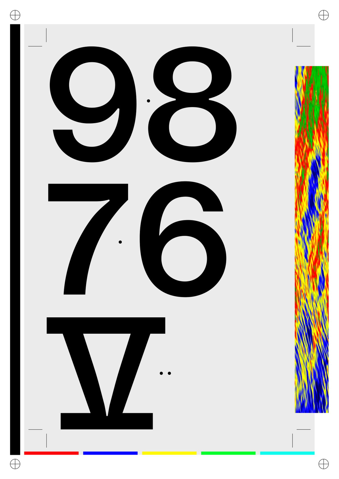 A graphic composition featuring large black numerals on a light grey background. The numbers “98”, “76” and the Roman numeral “V” are stacked vertically, accompanied by small black dots. A vertical strip of distorted, multi-coloured digital noise runs down the right edge.