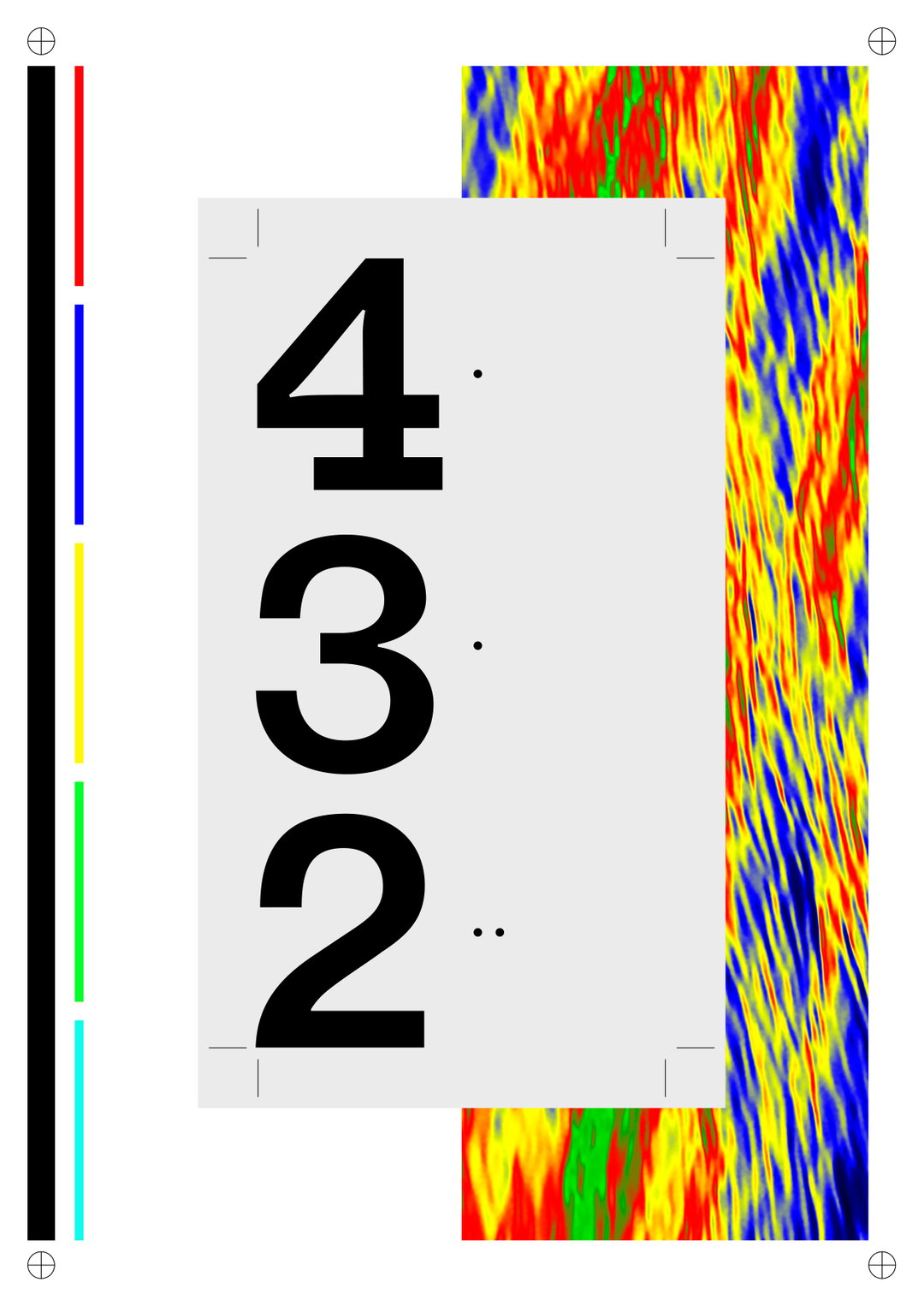 A graphic composition featuring a light grey rectangle with the numbers “4”, “3”, and “2” stacked vertically in a bold black font. To the right, a vibrant, distorted pattern of red, yellow, green and blue streaks runs vertically.