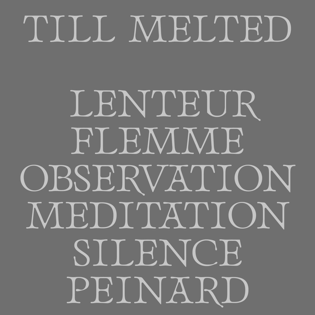 A grey typographic image features the words “TILL MELTED” at the top. Below, a list of words reads “LENTEUR”, “FLEMME”, “OBSERVATION”, “MEDITATION”, “SILENCE” and “PEINARD”.