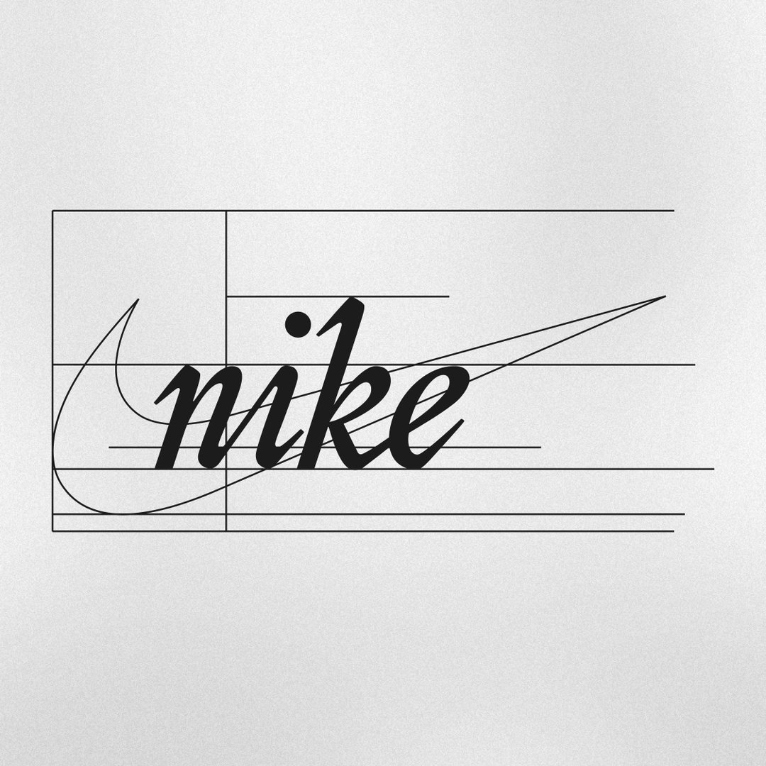 A black typographic study of the Nike wordmark in a cursive script. The word “nike” is set against a grid of thin horizontal and vertical lines.