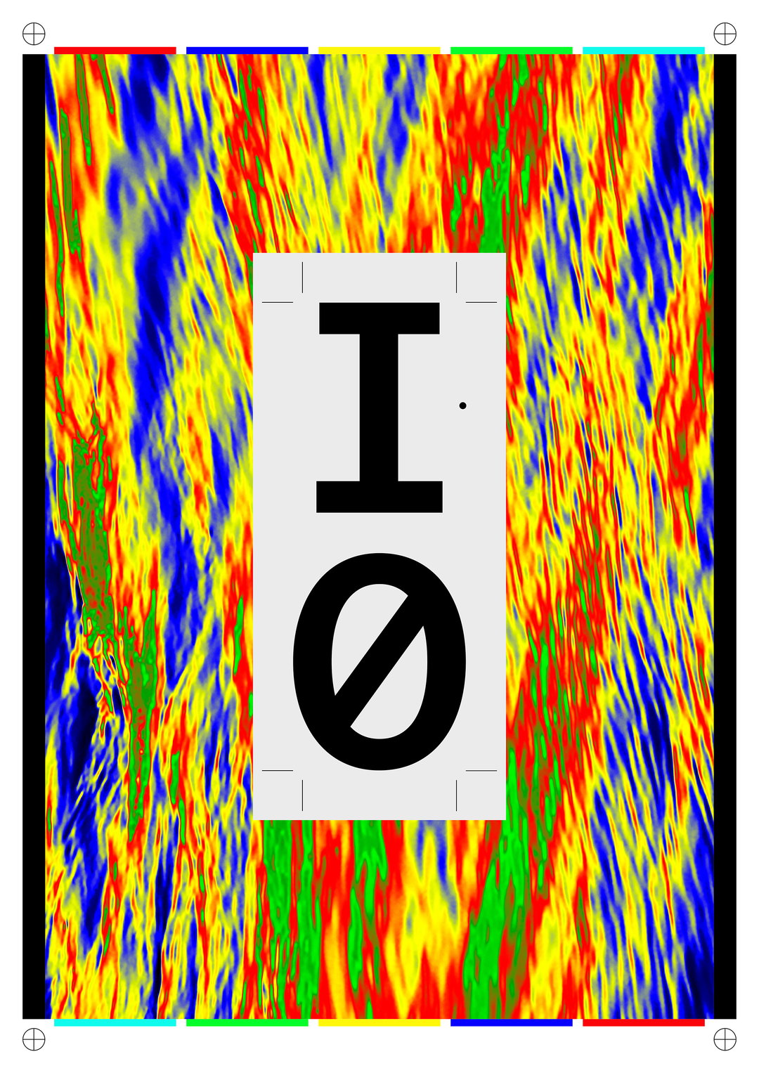 A graphic design featuring a central white rectangle containing the black characters “I” and “0”. The background is a vibrant, distorted pattern of red, yellow, blue and green streaks.