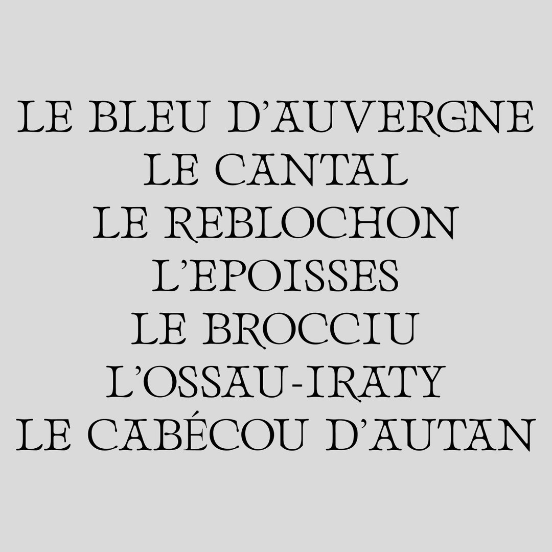 A list of French cheeses written in a black serif typeface against a plain grey background. The text reads “Le Bleu d’Auvergne”, “Le Cantal”, “Le Reblochon”, “L’Epoisses”, “Le Brocciu”, “L’Ossau-Iraty” and “Le Cabécou d’Autan”.