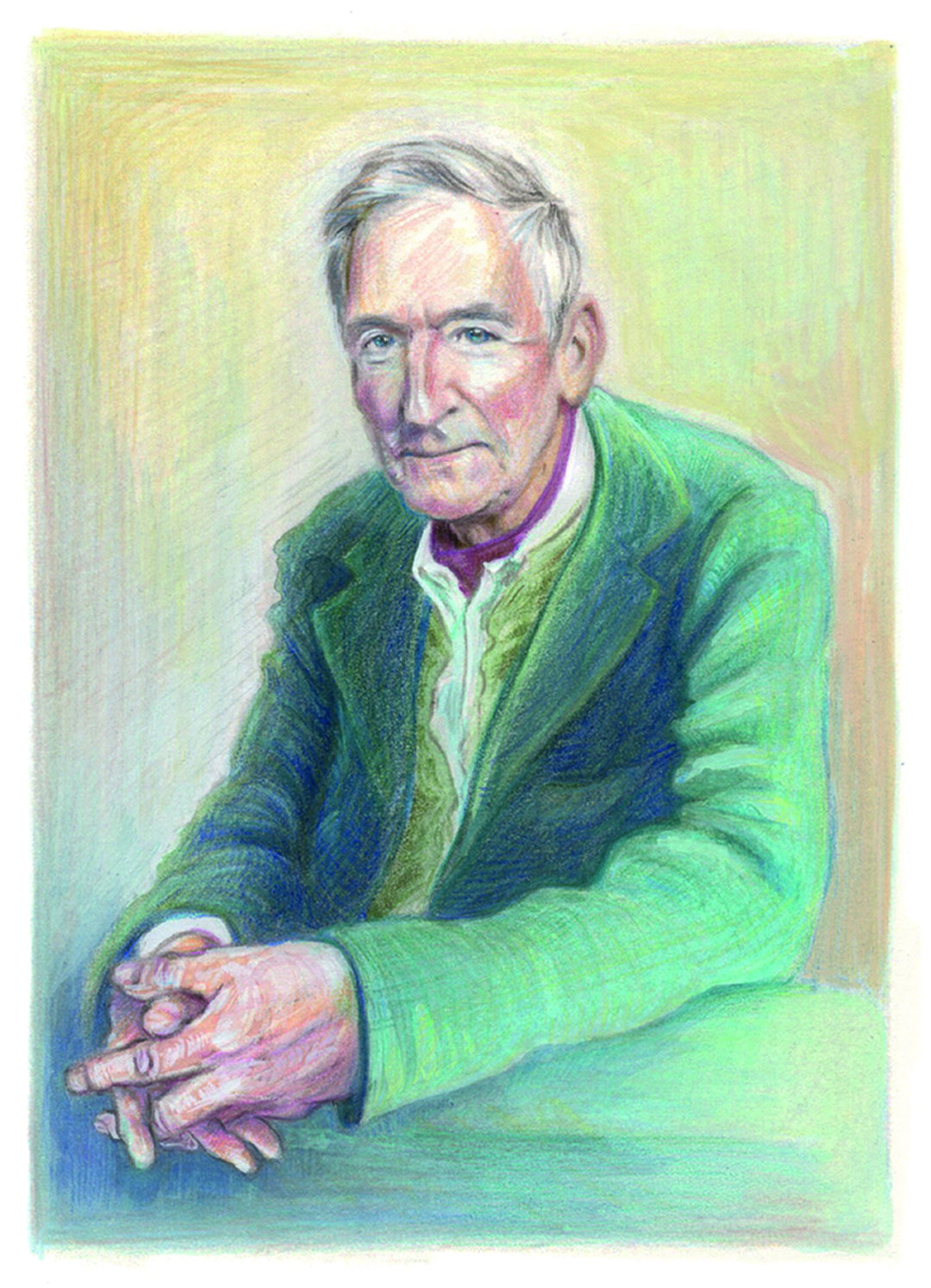 A coloured pencil drawing of a person with short grey hair, looking towards the viewer. They wear a green blazer over a light-coloured shirt and a purple collar, with their hands clasped on a surface.