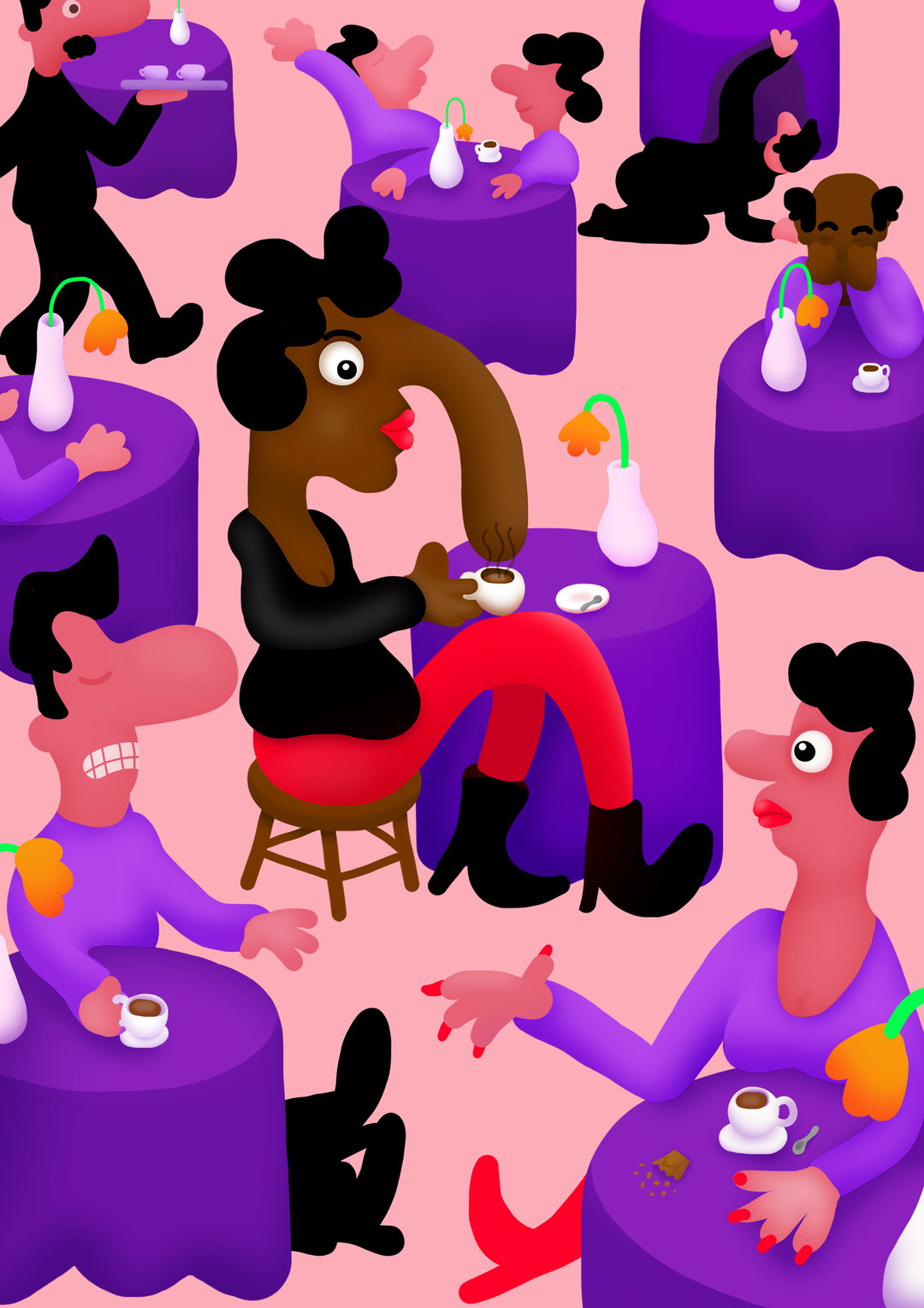 An illustration of a crowded cafe with purple tables set against a pink background. Stylised figures with exaggerated features sit and move through the space, some drinking coffee and others chatting.