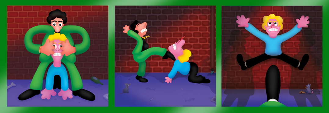A three-panel illustration showing a sequence of a fight in a dark alley. In the first panel, a person in green holds another person in blue in a headlock. In the second, the person in green kicks the other person across the floor. In the final panel, the person in blue is launched high into the air.