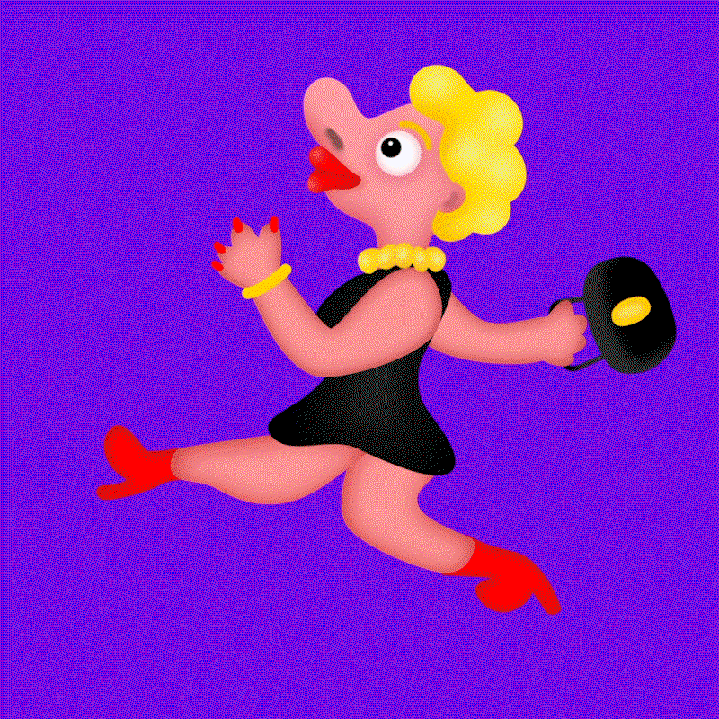 An animation of a stylised figure with yellow hair, a black dress, and red boots. They strut across a purple background while carrying a black handbag.