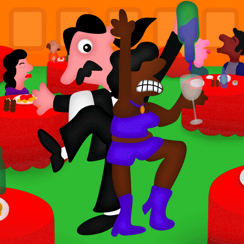 An animation of a chaotic dinner party in a bright, colourful style. A person in a purple outfit and a person in a tuxedo dance wildly, causing a glass of wine to spill.