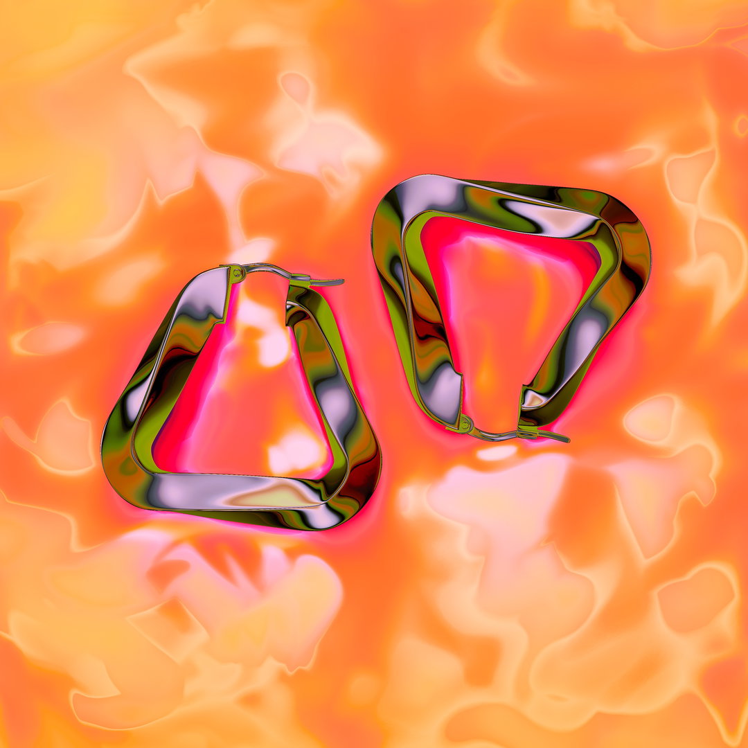A 3D render of two chunky, metallic hoop earrings with a rounded triangular shape. They rest on a swirling, liquid-like background of vibrant orange and yellow.