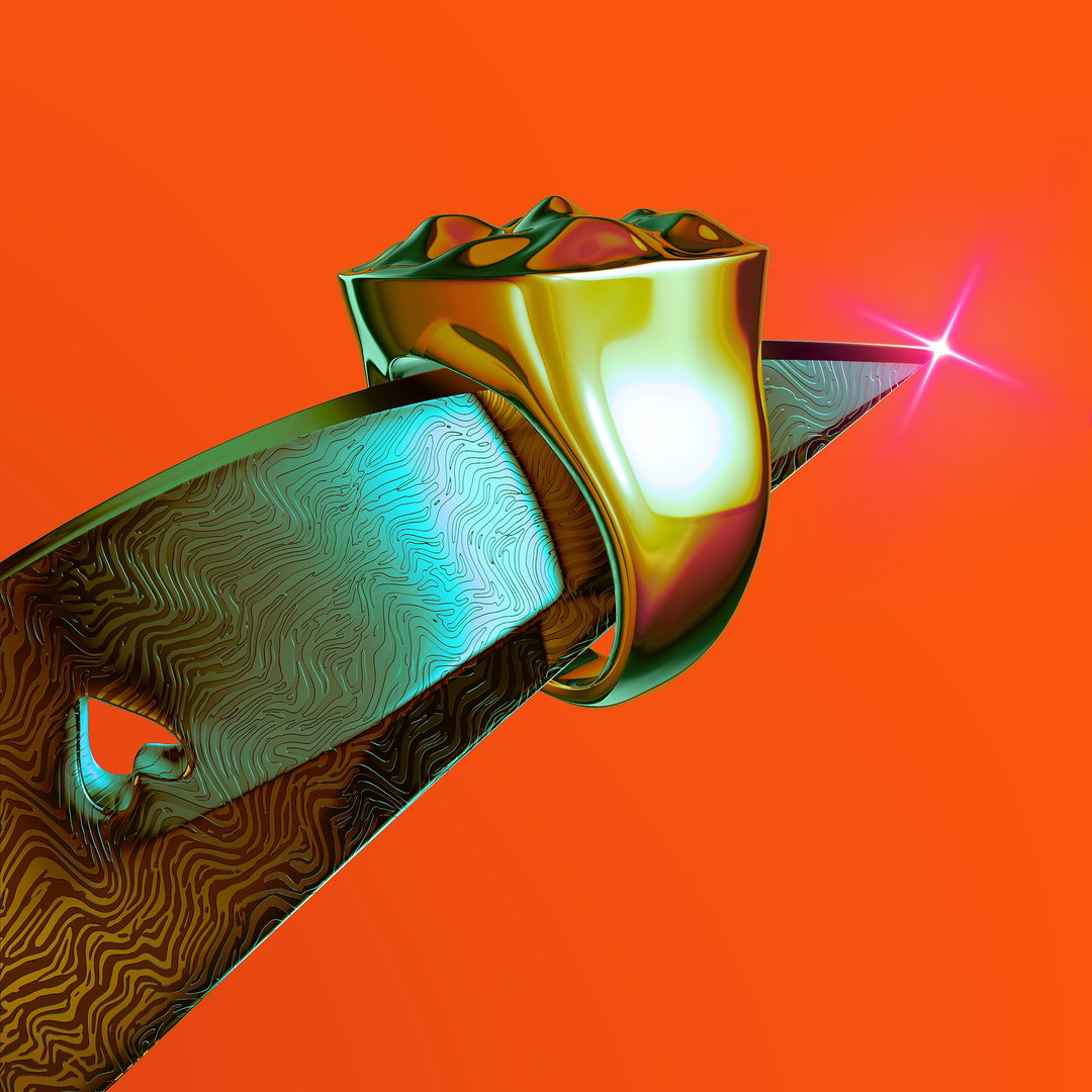 A 3D render of a gold tooth crown resting on the blade of a utility knife. The blade has a swirling, iridescent texture and glints with a bright pink spark against a solid orange background.