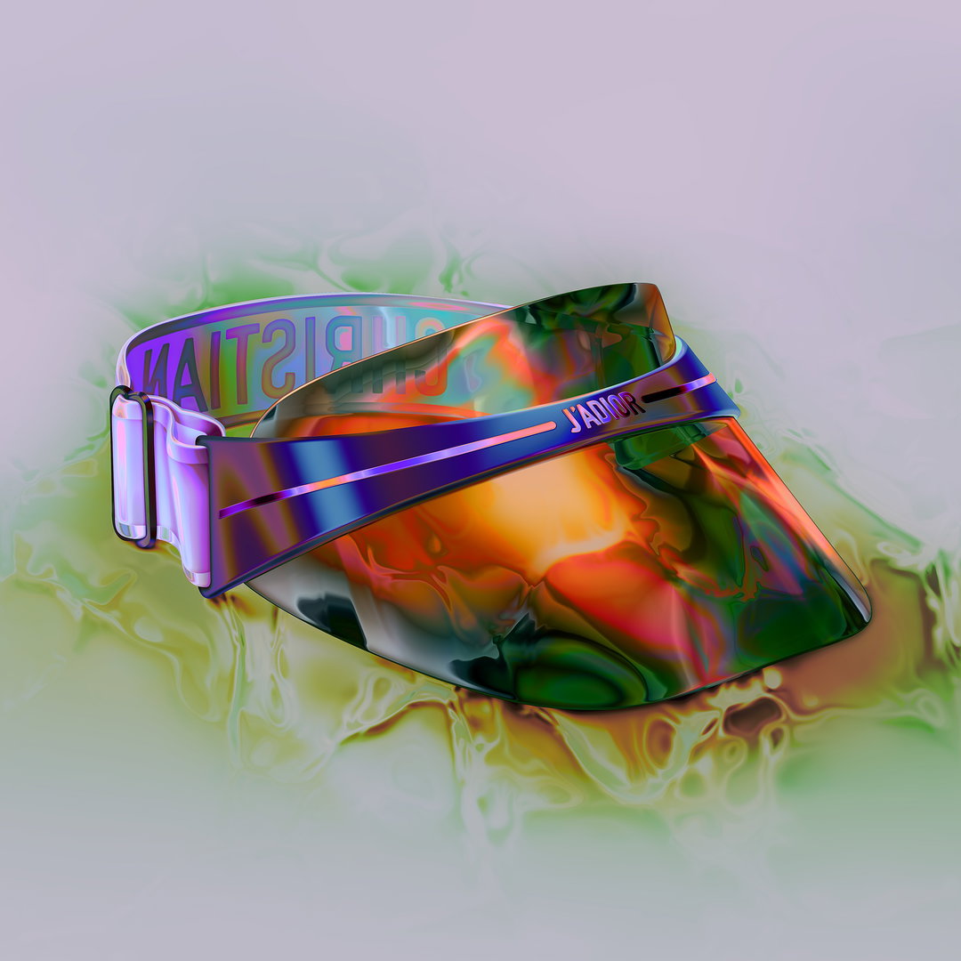 A 3D render of a iridescent visor with a swirling, multi-coloured pattern. The word “Dior” is written in reverse across the front brim.