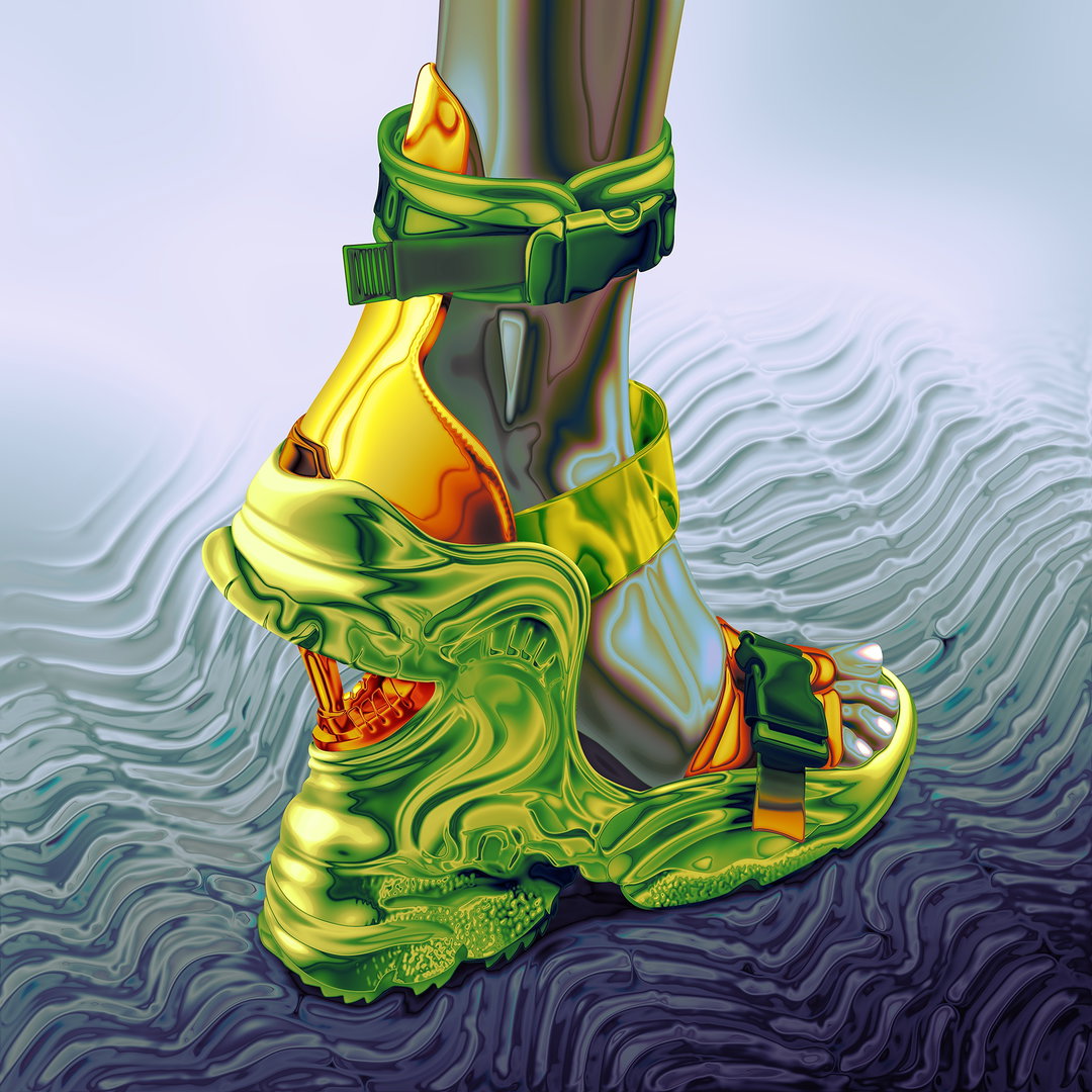 A 3D render of a foot wearing a chunky, futuristic sandal in iridescent gold and lime green. The shoe and the person's leg have a liquid, metallic sheen, set against a rippled, reflective surface.