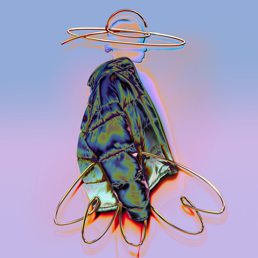 A 3D render of a figure wearing a metallic, iridescent puffer jacket. Thin gold wires loop around the head like a hat and swirl around the base of the figure against a soft purple and blue gradient.