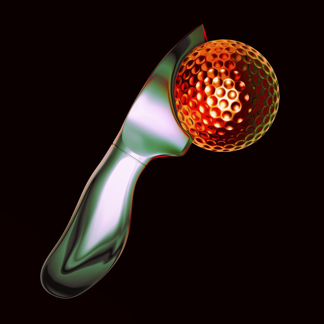 A 3D render of a metallic, iridescent object holding a glowing orange golf ball. The smooth, curved form of the holder reflects shades of purple and green against a black background.