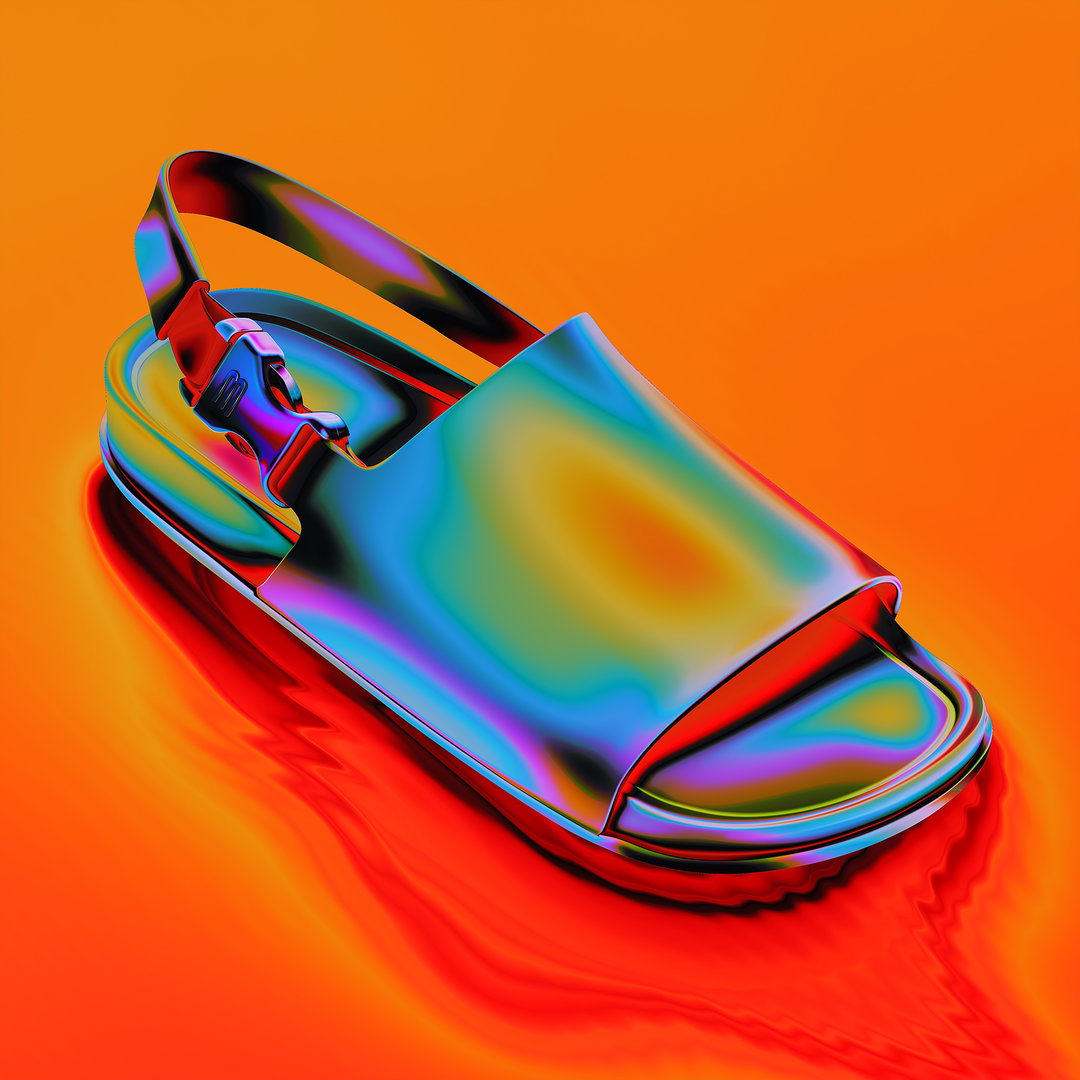 A 3D render of a single sandal with a metallic, iridescent finish. The shoe glows with swirling colours against a vibrant orange background.