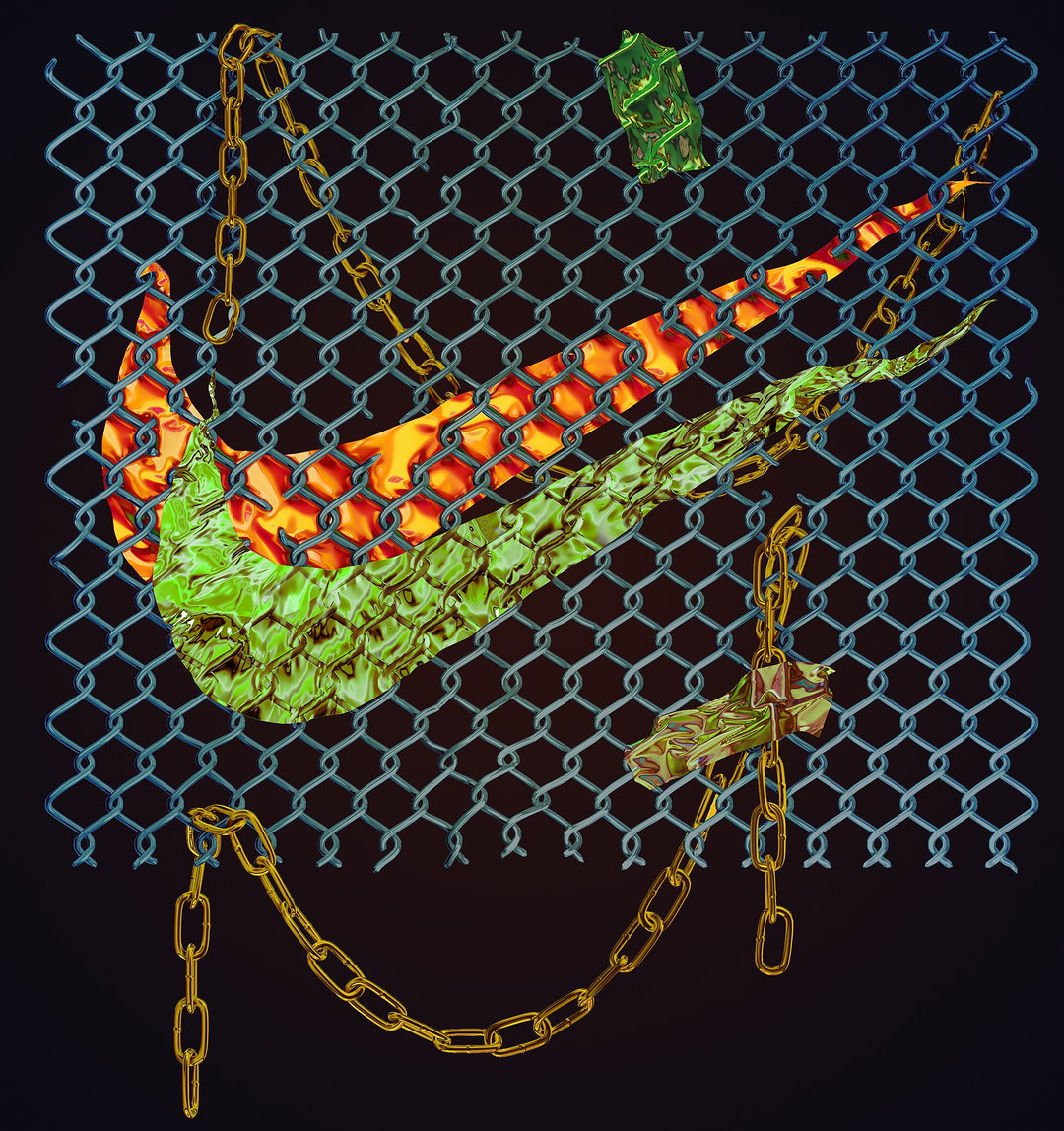 A 3D render of a Nike swoosh with a textured, molten appearance in orange, yellow and green. The logo is entwined with gold chains and set against a blue chain-link fence.