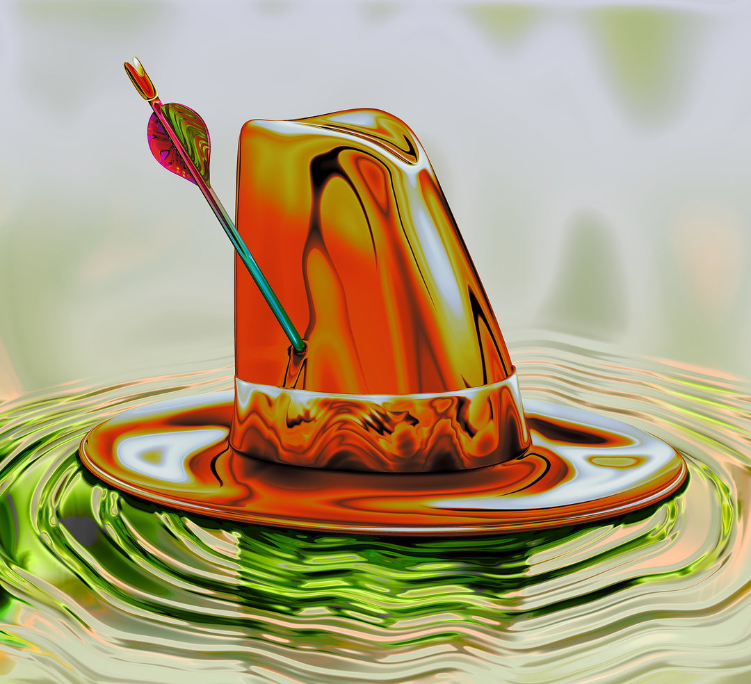 A 3D render of a glossy, orange hat with a liquid, melting appearance. An arrow with a colourful fletching is pierced through the side of the crown.