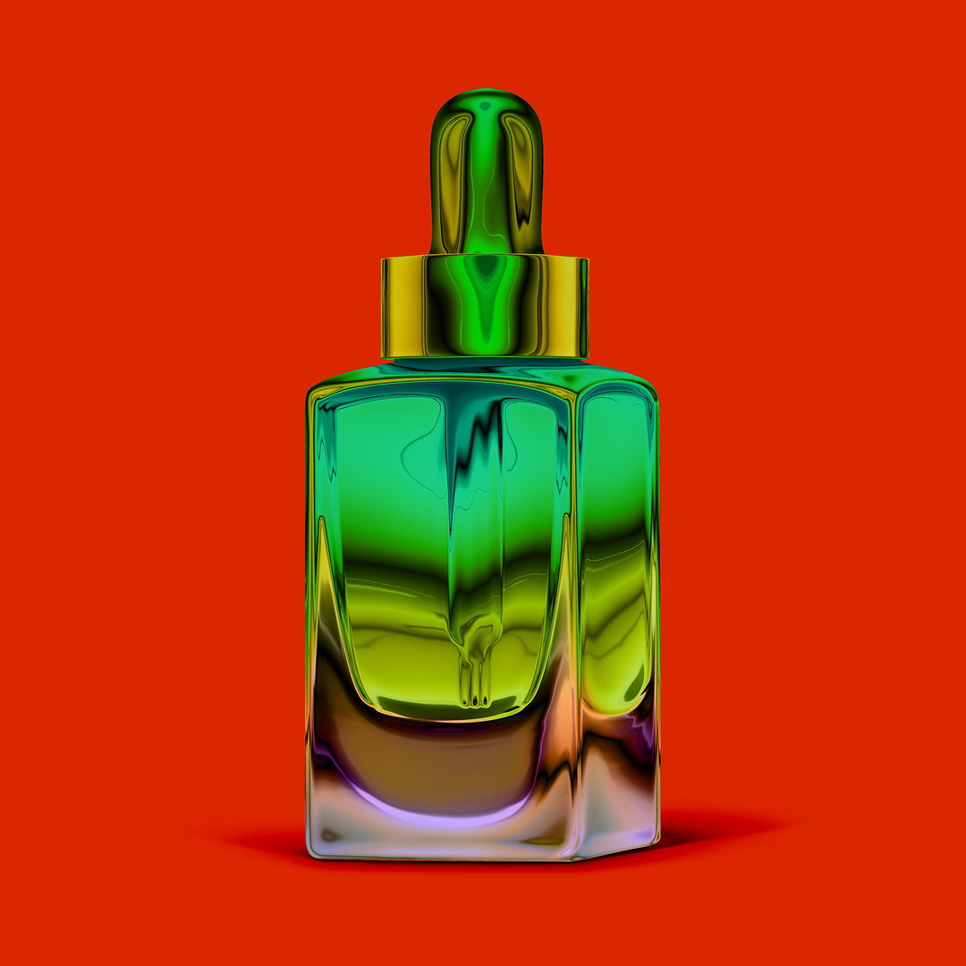 A 3D render of a glass dropper bottle against a solid red background. The bottle is filled with a glowing green liquid that reflects shades of yellow and purple.