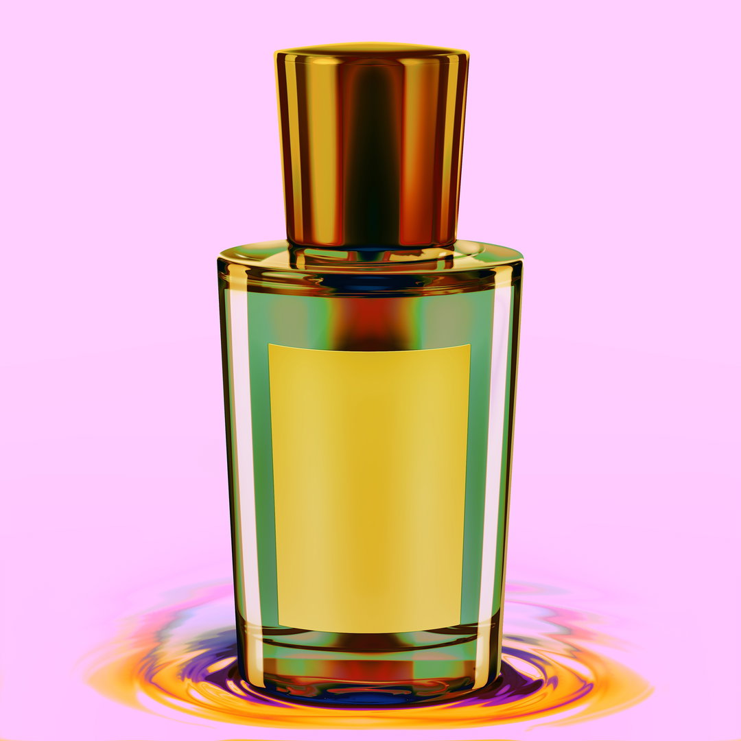 A 3D render of a glass perfume bottle with a gold cap and a blank gold label. The bottle sits in a pool of swirling orange and yellow liquid against a plain pink background.