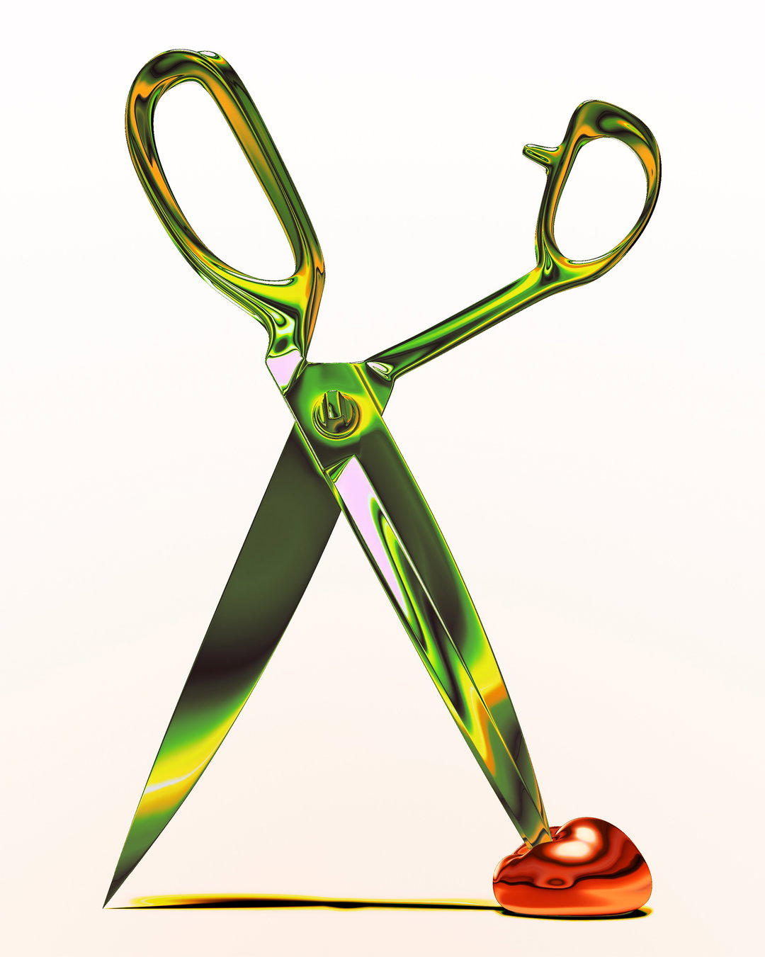 A 3D render of a pair of iridescent, metallic scissors against a plain white background. One blade is pressed firmly into a small, glossy red heart.
