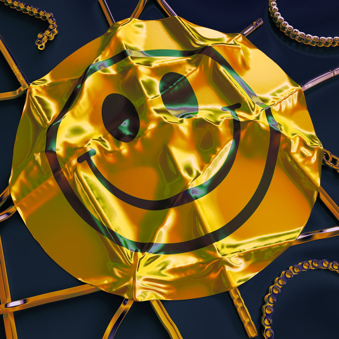 A 3D render of a crumpled, metallic gold foil circle featuring a black smiley face. The foil is stretched across a gold wire frame against a dark blue background.