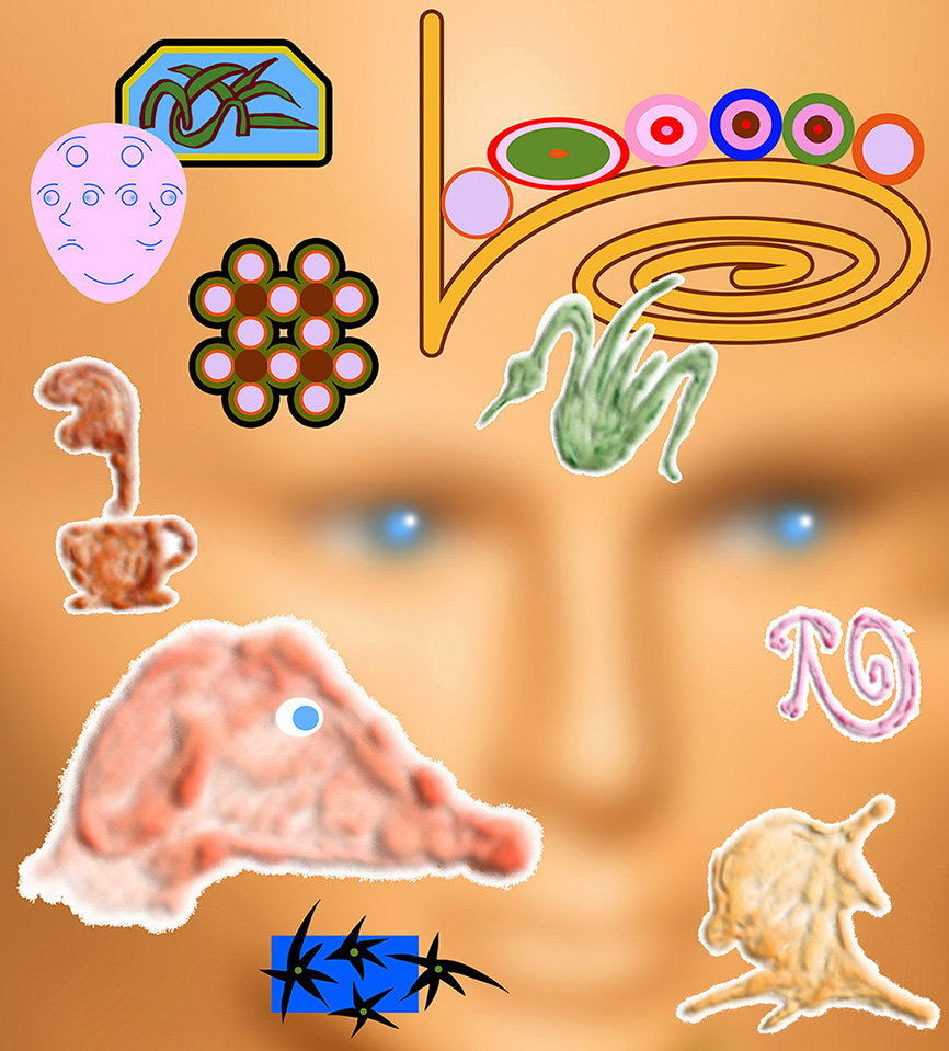 Welcome to artist Yunbomu’s sticker-bombed dream worlds, complete with strange symbols and eye floaters